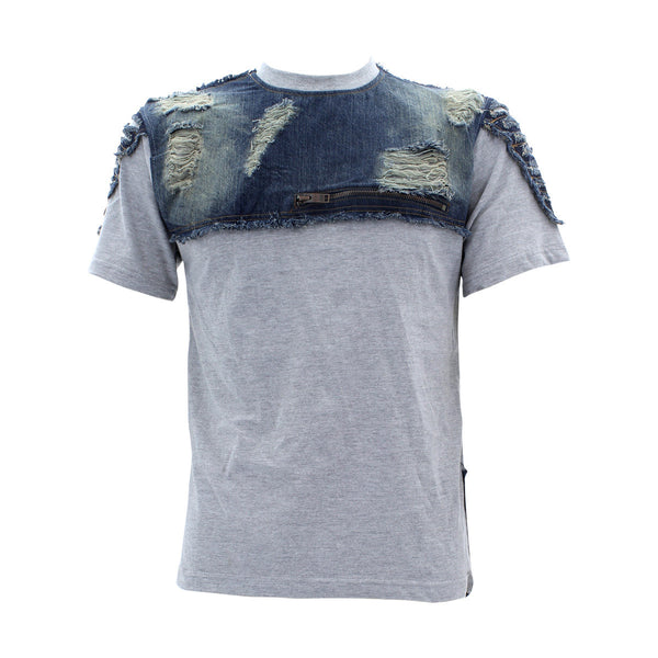Copper Rivet- Men's Denim Shirt With Zipper And Rips T-Shirts - Heather Grey  - V.I.M. - 1