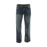 Fusai - Men's Blue Emboridery Pocket Belted Jeas - Dirty Blue - V.I.M. - 1