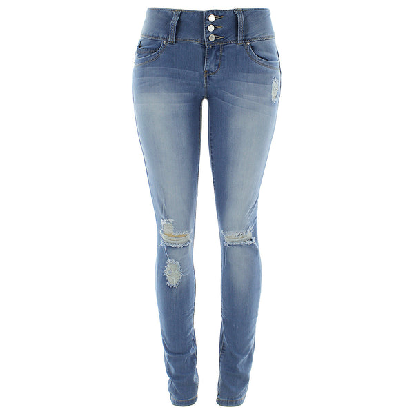 YMI- Women's - Knee Rips Three Bottons Better Butt pants - Light Blue - V.I.M. - 1