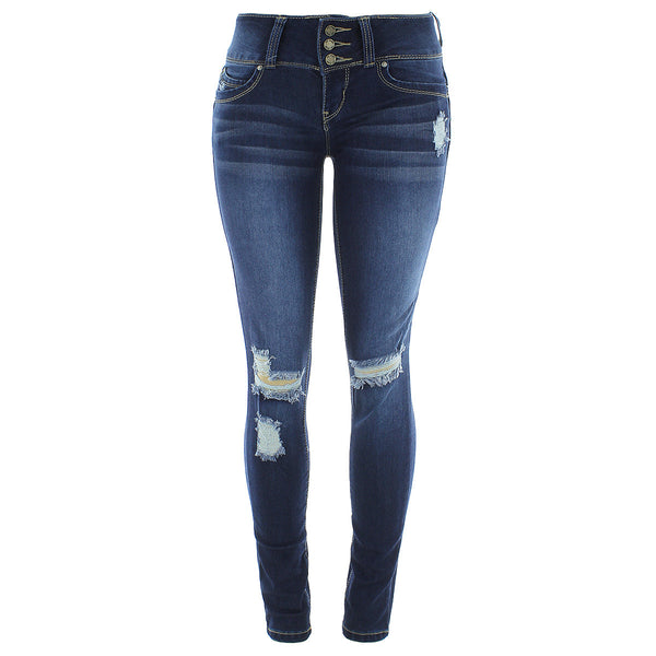 YMI- Women's - Knee Rips Three Bottons Better Butt pants - Dark Blue - V.I.M. - 1