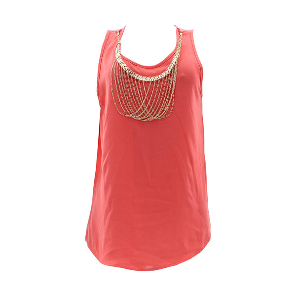 Fashion Magazine - Women's Front Gold Chain Sleeveless Tops - Coral - V.I.M. - 1