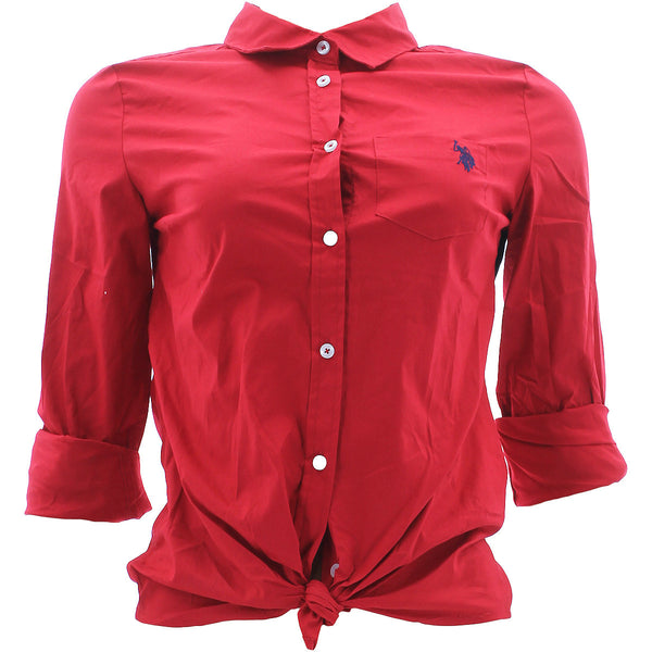 Us Polo Assn. - Women's Tie Front Long Sleeve Woven Shirts - Red Tomato - V.I.M.