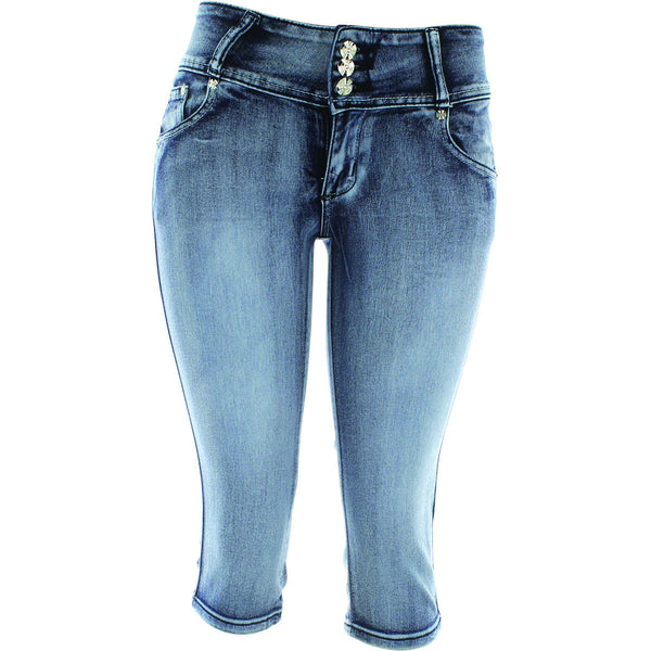 Tush Push - Women's 3 Button Push Up Rhinestone Capri - Blue Acid - V.I.M. - 1