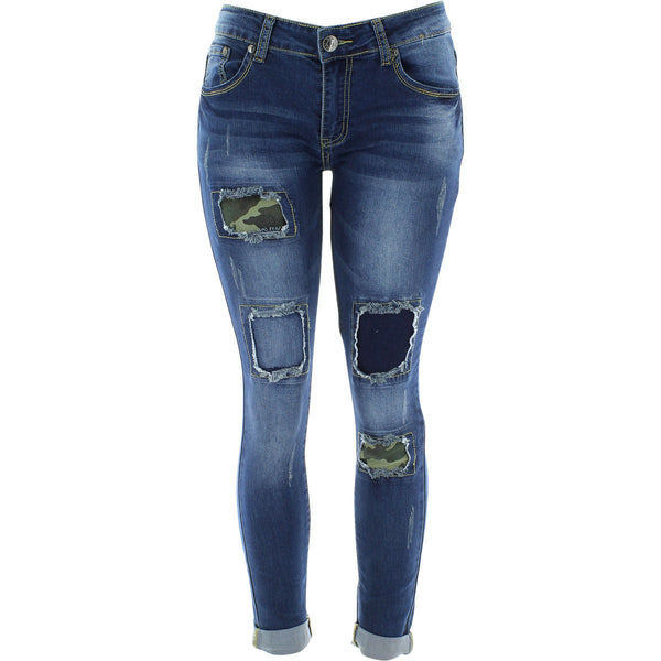 Bamboo - Women's Patch Camouflage insert Cuff Button Jeans - Medium Blue - V.I.M. - 1