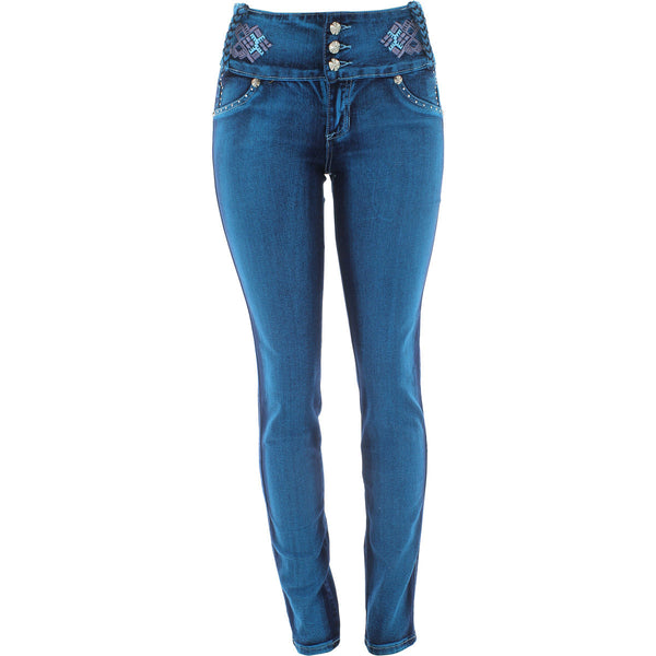 Tush Push - Women's 3 Button Patched And Rhinestone Rib pants - Teal - V.I.M. - 1