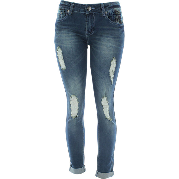 Azazel - Women's Rips Cuff Moto Stripes Back Pocket Jeans - Dirty - V.I.M. - 1