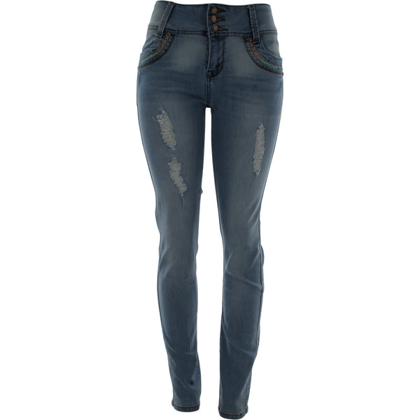 Risque - Women's 3 Button Rips Color Embordery Pocket pants - Light Bleach - V.I.M. - 1