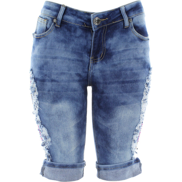 Lavc - Women's Multi Color Rhinestones Rips Bermuda Shorts - Medium Blue - V.I.M. - 1