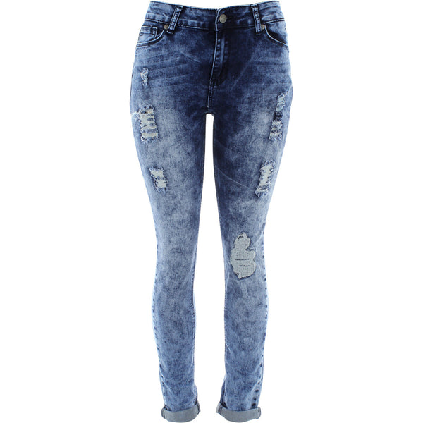 Bamboo - Women's Rips Stitch Patch Cuff Bottom Jeans - Cloud/ Blue - V.I.M. - 1