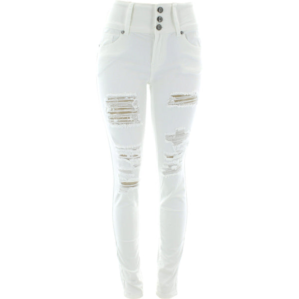 Vinizbena - Women's 3 Button Rips High Waist pants - White - V.I.M. - 1