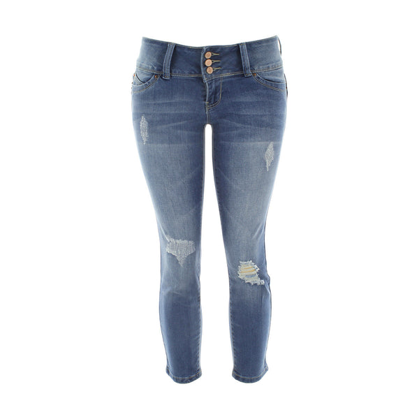 Y.M.I. - Women's 3Bttn Rips Flood Capri - Medium Blue   - V.I.M. - 1