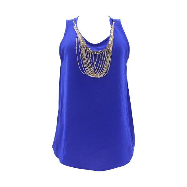 Fashion Magazine - Women's Front Gold Chain Sleeveless Tops - Royal - V.I.M. - 1