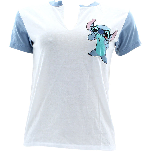 Disney - Women's Stitch Front and back V-Neck Contrast T-Shirts - White/Blue - V.I.M. - 1
