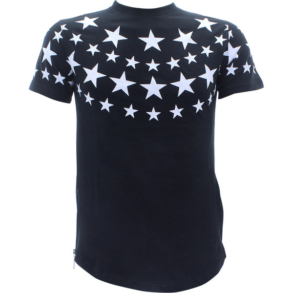 Focus - Men's Star Print Side Zip Scallop T-Shirts - Black/White - V.I.M. - 1