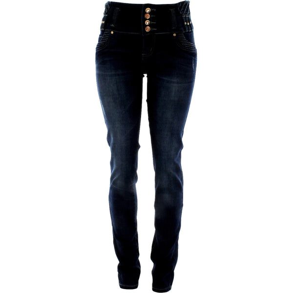 Risque - Women's 4 Button Stripes Loops Push Up pants - Dark Blue - V.I.M. - 1