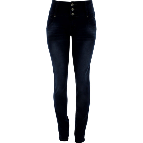 Risque - Women's 3 Bttn Rhinestone Diamond Pocket pants - Medium Blue - V.I.M. - 1