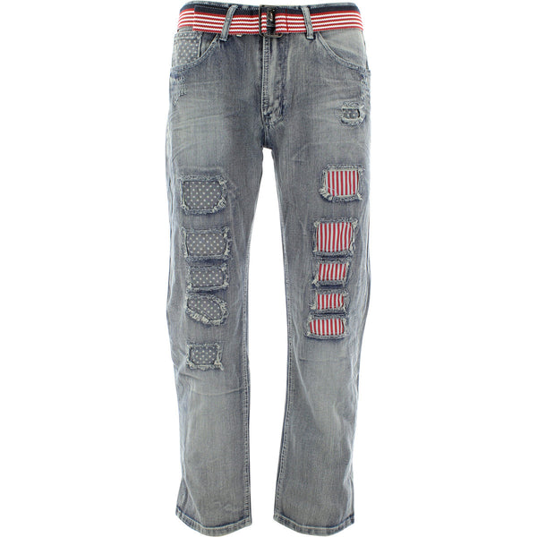 Brooklyn Express - Men's Belted Flag Rip And Repair Jeans - Sand - V.I.M. - 1