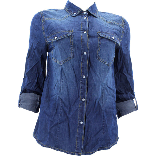 Premium Highway - Women's Long Sleeves 2 Pockets Denim Shirts - Dark Blue - V.I.M. - 1