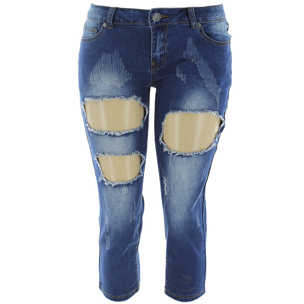 Bany - Women's Cut Out With 5 Pocket Capris - Medium Indigo - V.I.M. - 1