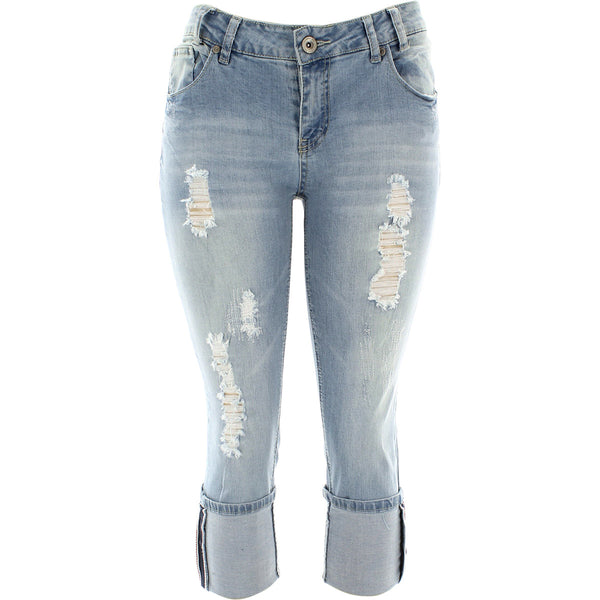 Highway pants - Women's 22 Inch Rips Cuff Denim Capri - Light Blue - V.I.M. - 1