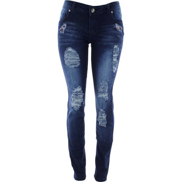 Bamboo - Women's All Over Rips Plaid Front Pocket Jeans - Dark Blue - V.I.M. - 1