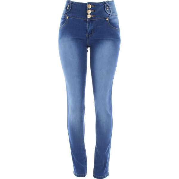 Risque - Women's 3 Button Rhinstone Loops Push Up pants - Medium Blue - V.I.M. - 1