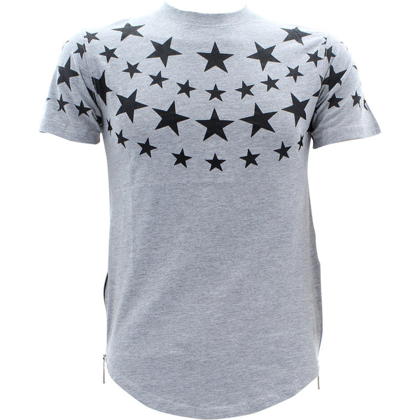 Focus - Men's Star Print Side Zip Scallop T-Shirts - Heather Grey/Black - V.I.M. - 1