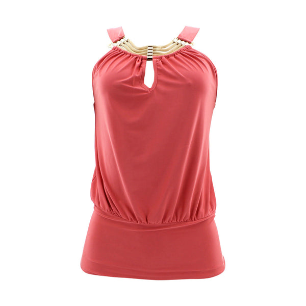Fashion Magazine - Women's Front Gold Chain Sleeveless Tops - Coral - V.I.M. - 1