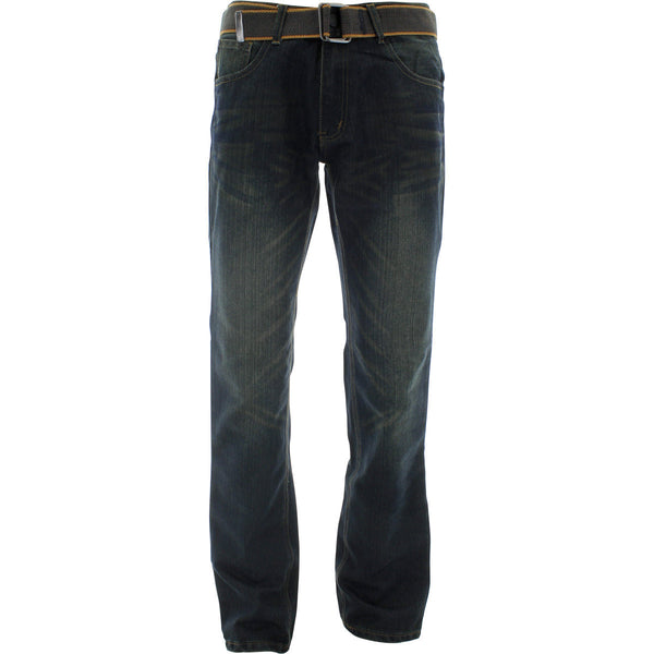 Azazel - Men's Belted Back Pocket Emboridery Jeans - Dirty Blue - V.I.M. - 1