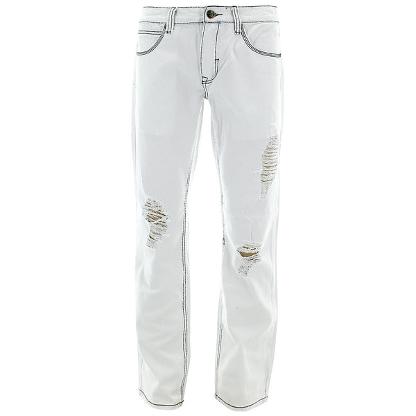 Brands Unlimited - Men's Black Stitching Rips Jeans - White - V.I.M. - 1