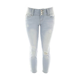 Ymi - Women's 3Botton Rips Flood Capri - Bleach/Blue - V.I.M. - 1