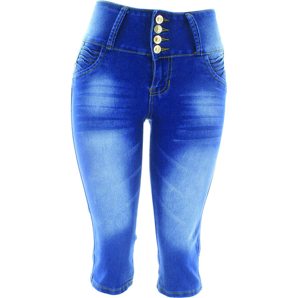 Tush Push - Women's 4 Button Rivets Back Pocket Capri - Medium Blue - V.I.M. - 1