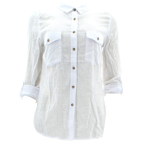 Ambiance Apparel - Women's Think Woven Roll Up Sleeves Shirts - White - V.I.M. - 1
