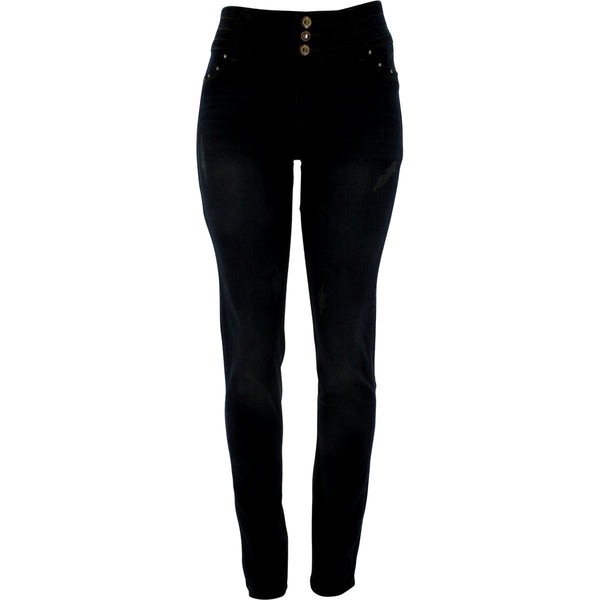 Risque - Women's 3 Button Rhinestone Studs Stripe pants - Dark Blue - V.I.M. - 1