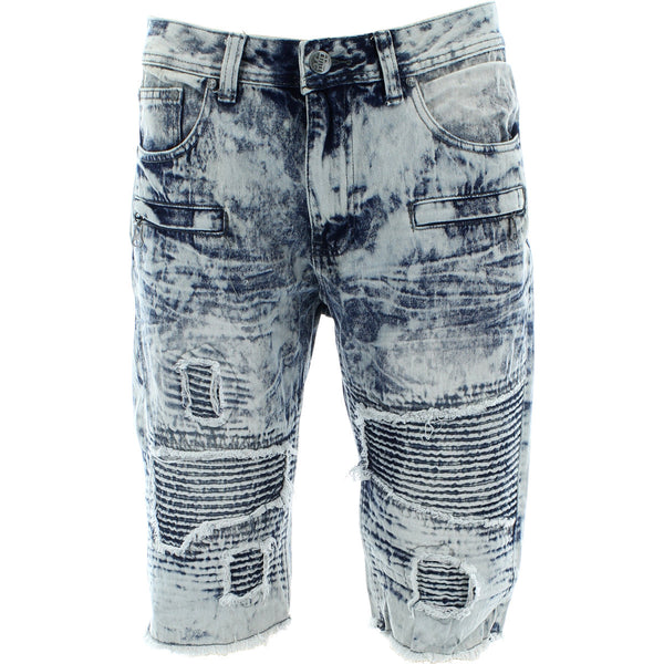 Imperious - Men's Bikers Zipper Raw Edge Shorts - Dark Blue Washed - V.I.M. - 1