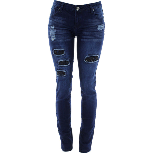 Bamboo - Women's Light Rips Sequin Patches Jeans - Dark Blue - V.I.M. - 1