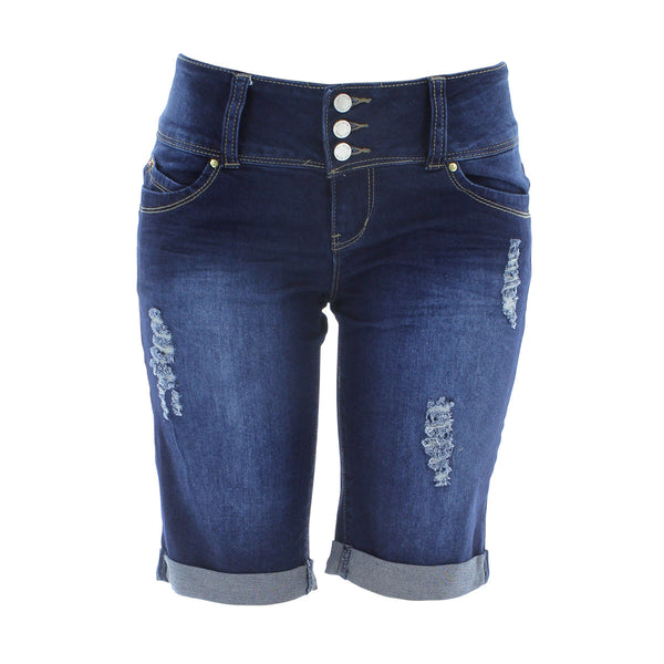Y.M.I. - Women's Rips 3Bttn Bermuda Shorts - Dark Blue  - V.I.M. - 1