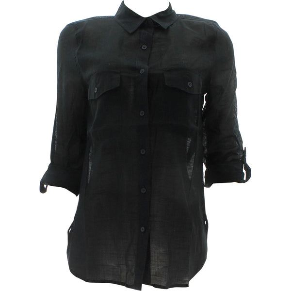 Ambiance Apparel - Women's Think Woven Roll Up Sleeves Shhirts - Black - V.I.M. - 1