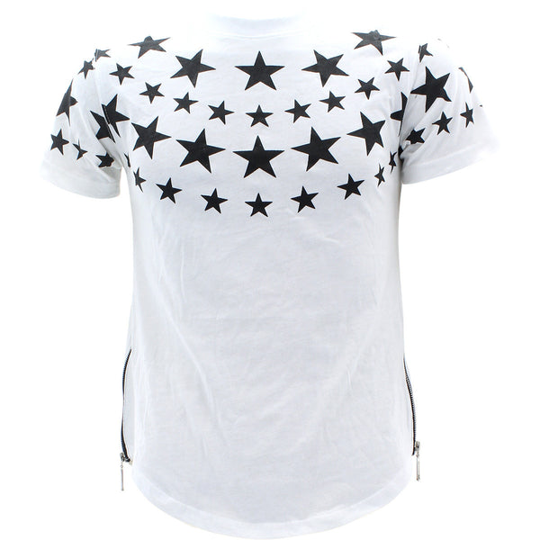 Focus - Men's Star Print Side Zip Scallop T-Shirts - White/Black - V.I.M. - 1