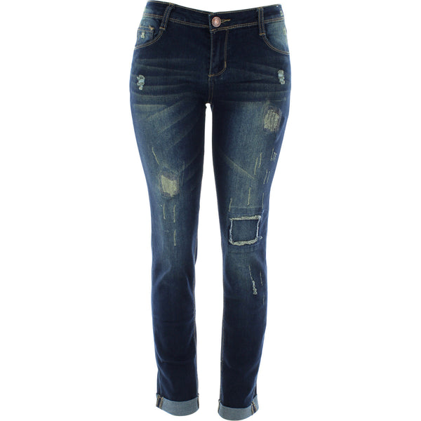 Bamboo - Women's Light Rips Patch Cuff Bottom Jeans - Dirty Denim - V.I.M. - 1