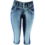 Tush Push - Women's 3 Button Push Up Rhinestones Capri - Blue Acid - V.I.M. - 1