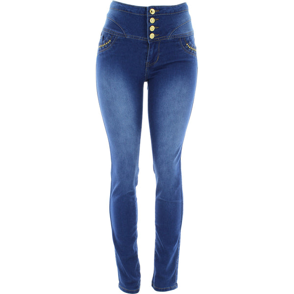 Tushpush - Women's 4 Button Loops Push Up pants - Medium Blue - V.I.M. - 1