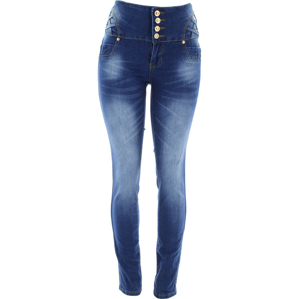 Tushpush - Women's 4 Button Loops Push Up pants - Medium Blue - V.I.M. - 1