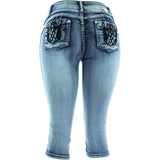 Tush Push - Women's 3 Button Push Up Rhinestone Capri - Blue Acid - V.I.M. - 2