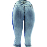 Tush Push - Women's 3 Button Push Up Rhinestones Capri - Blue Acid - V.I.M. - 2