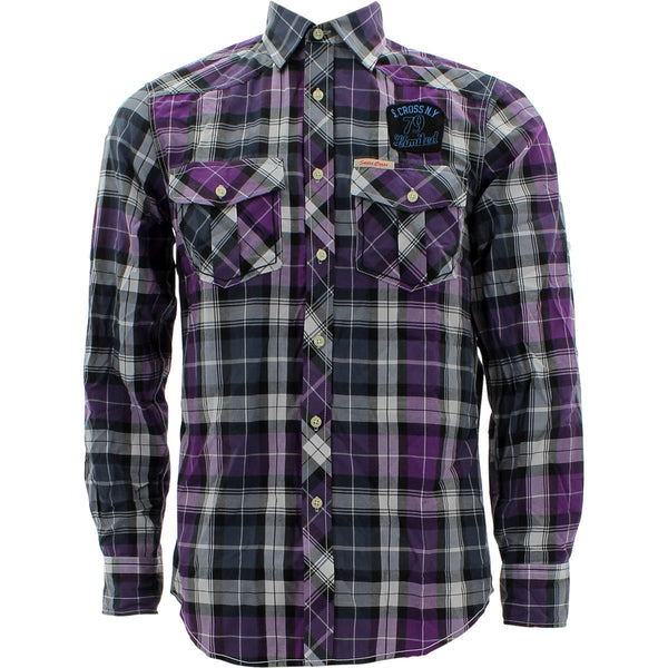 Swiss Cross - Men's Long Sleeves Plaid With Patche woven Shirts - Violet - V.I.M. - 1