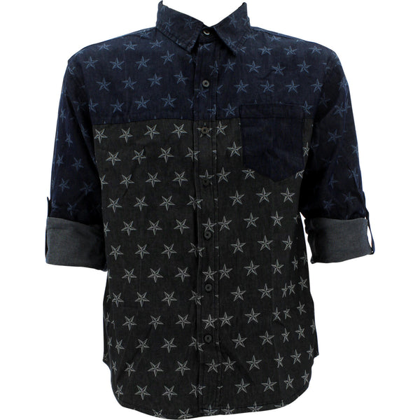 Ditch Plains - Men's Cut N Sew With All Over Stars Denim Shirts - Dark Blue/Acid/Grey - V.I.M. - 1