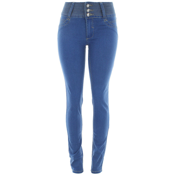Bamboo - Women's 3 Button Stitch Waist Jeans - Medium Blue - V.I.M. - 1