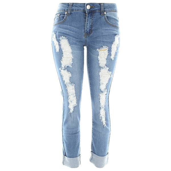 Bamboo - Women's Boyfriend Folded Bottom Jeans - Medium Blue - V.I.M. - 1