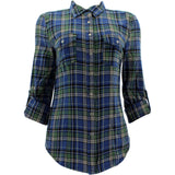 YMI - Women's Roll Up Plaid Shirts - Blue/Green - V.I.M.